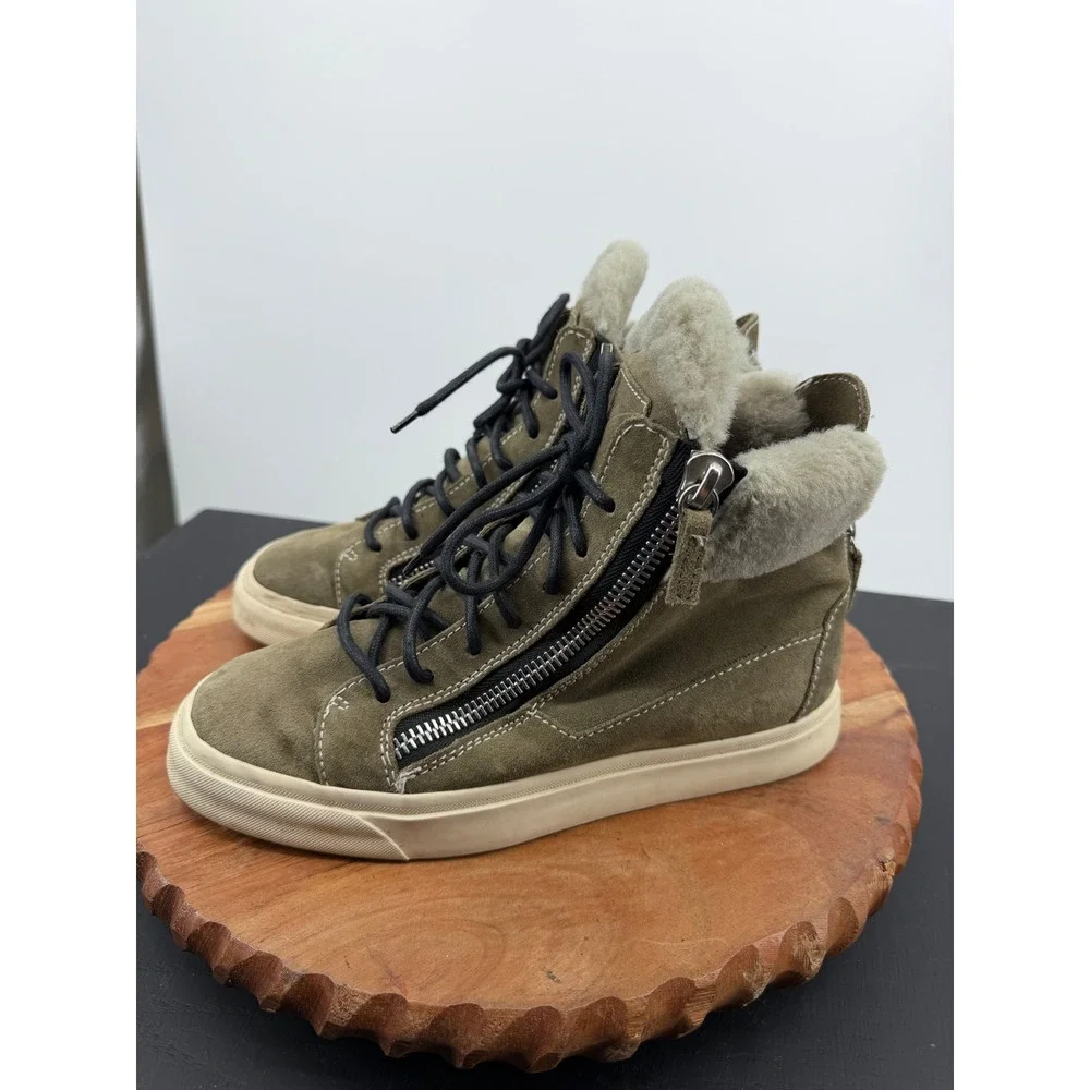 Giuseppe Zanotti Shearling Suede High Top Sneaker Womens 37 7 Olive Green Zipper